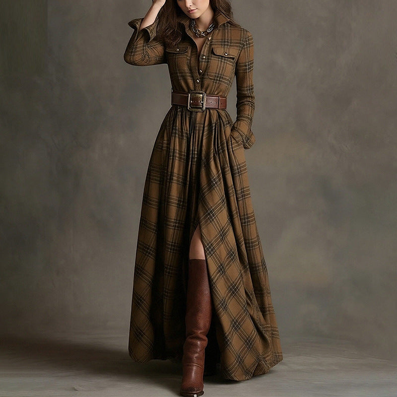 cross-border e-commerce european and american women's clothing: new summer collection - fashionable, casual, and elegant plaid notch collar slim-fit dress