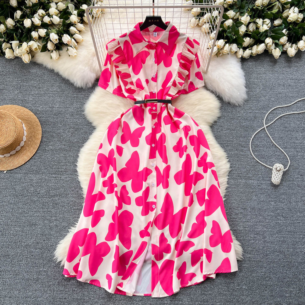 Sophisticated niche women's dress -  summer new arrival: designer ruffle-trimmed, cinched-waist, printed elegant maxi dress