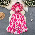 Sophisticated niche women's dress -  summer new arrival: designer ruffle-trimmed, cinched-waist, printed elegant maxi dress