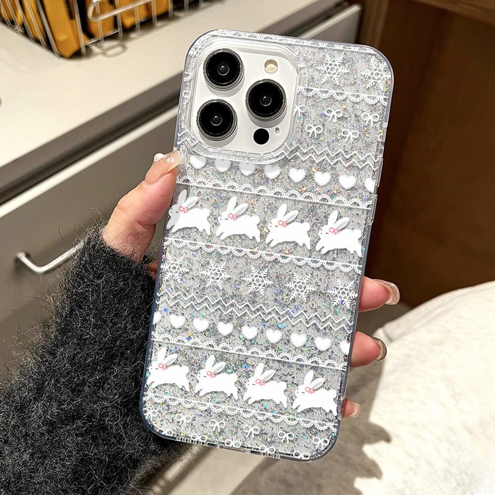 Suitable for iphone16promax silver lace bunny mobile phone case apple 17 all-inclusive anti-fall glitter glue case