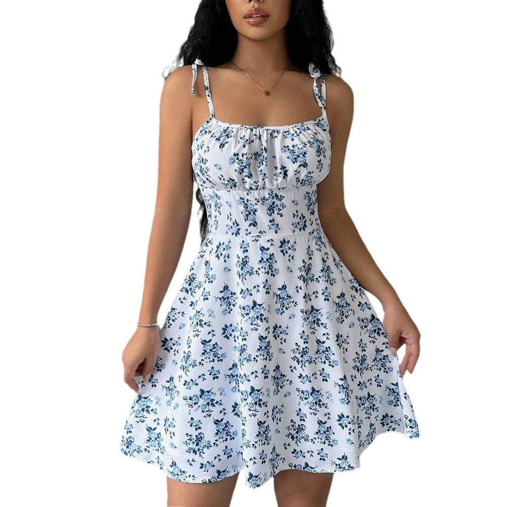 summer new arrival: cross-border european & american style floral print cami mini dress - square neck, soft & feminine