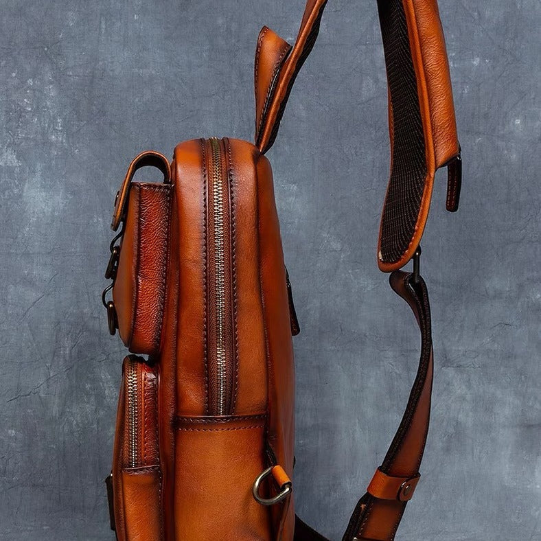 Retro handmade genuine leather chest bag casual crossbody bag first layer vegetable tanned cowhide multi-flap pocket pants shoulder bag men's travel trendy bag