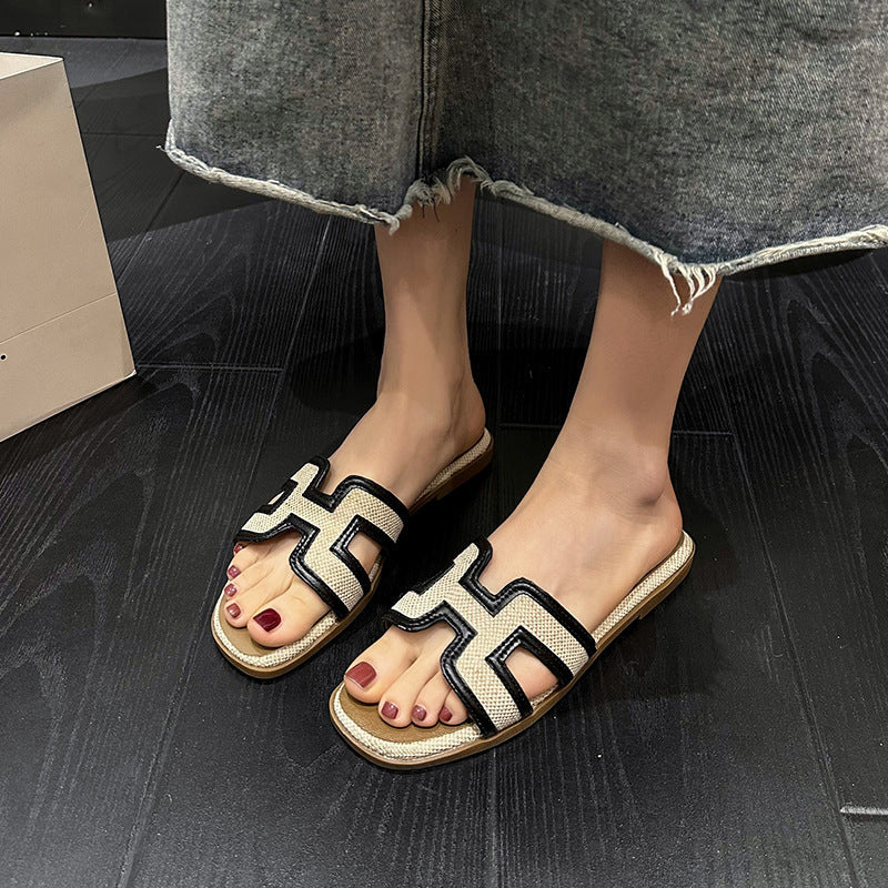 Flat bottom outer wear one-word cool slippers women's 2024 summer new travel and vacation color matching beach slippers  slippers