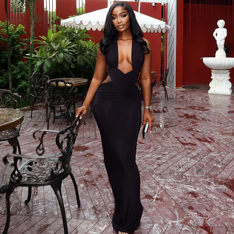 Fashion style cross-border street pure color women's clothing pleated hip-covering one-step skirt low-cut silm halterslimming look long dress