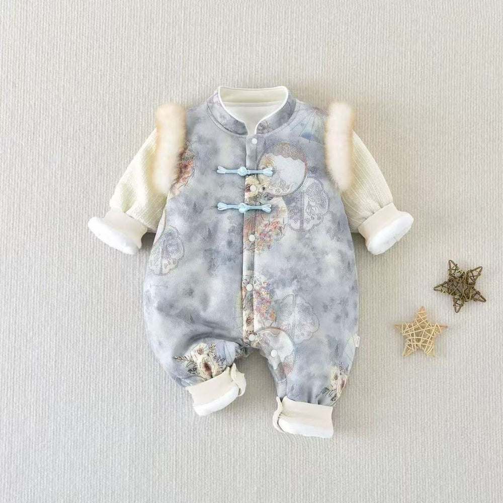 Baby boys and girls full month birthday infant chinese style outfit, traditional hundred-day bodysuit, double-layer formal dress, romper, new year's greeting outfit