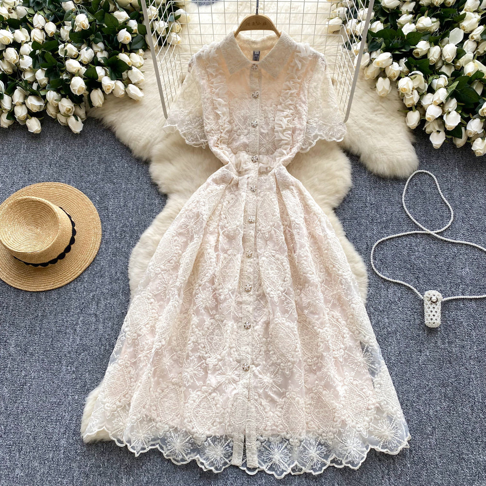 Summer french retroelegance heavy industry laceembroider lapel single breasted waist slimming lookelegant dress dress