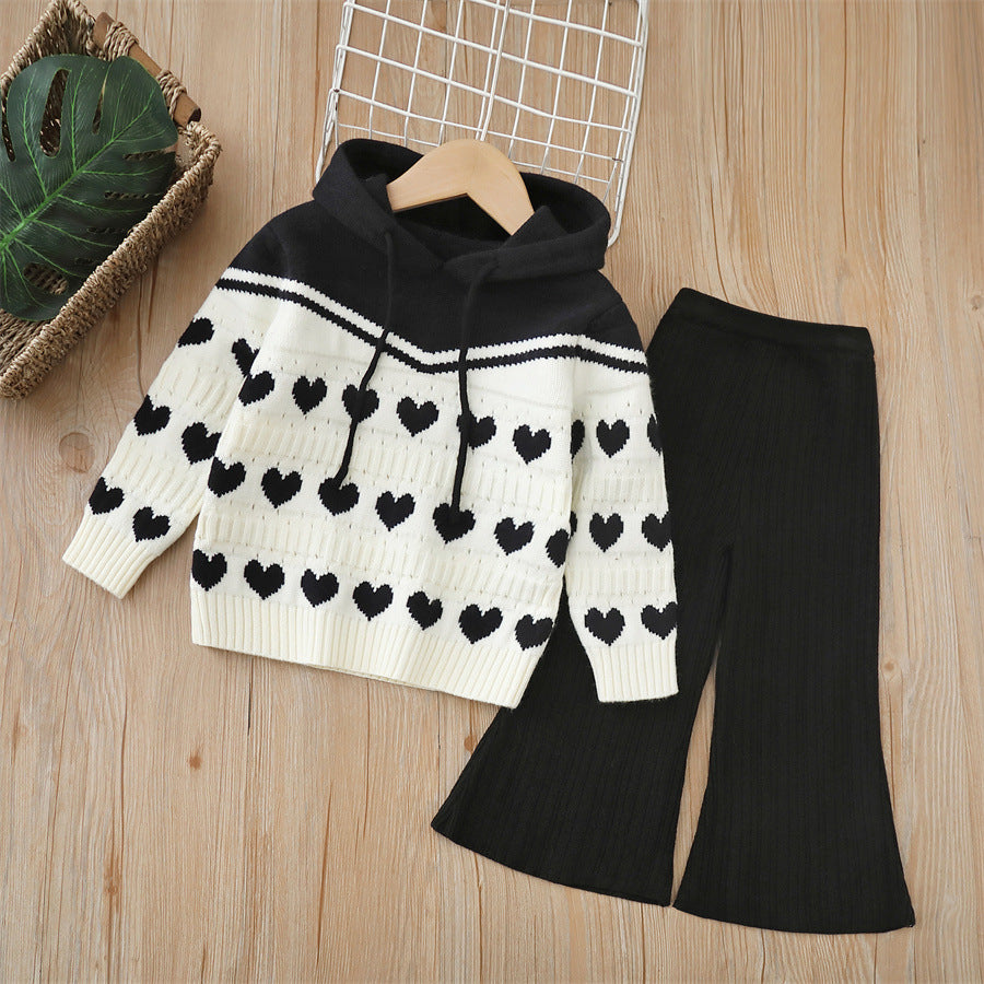 Girls' sweater two-piece set:  autumn/winter new collection - knitted hoodie and pants set for mid-sized children