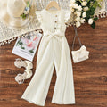 Girls' sleeveless romper dress with lace trim, chanel-inspired cinched waist, striped detail, and belted premium autumn jumpsuit pants