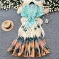 Light mature style tie-dye gradient printingshirt skirt women's summer lapel lantern sleeve tie back waist a-line long skirtelegant