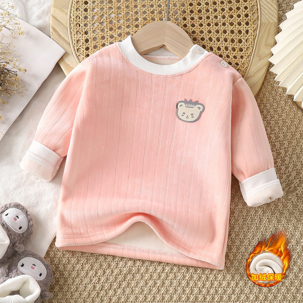 Kidsheattechtops boys and girlsfall and winter bottom shirt baby thickened pajamas children's fleece-linedlong sleeves autumn clothes