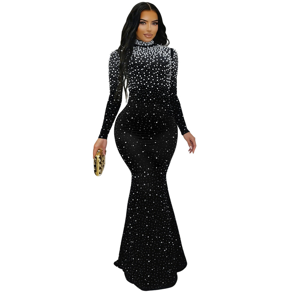 C7622 cross-border   fashion women's elegant high-neck rhinestone and beaded bodycon dress