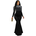 C7622 cross-border   fashion women's elegant high-neck rhinestone and beaded bodycon dress
