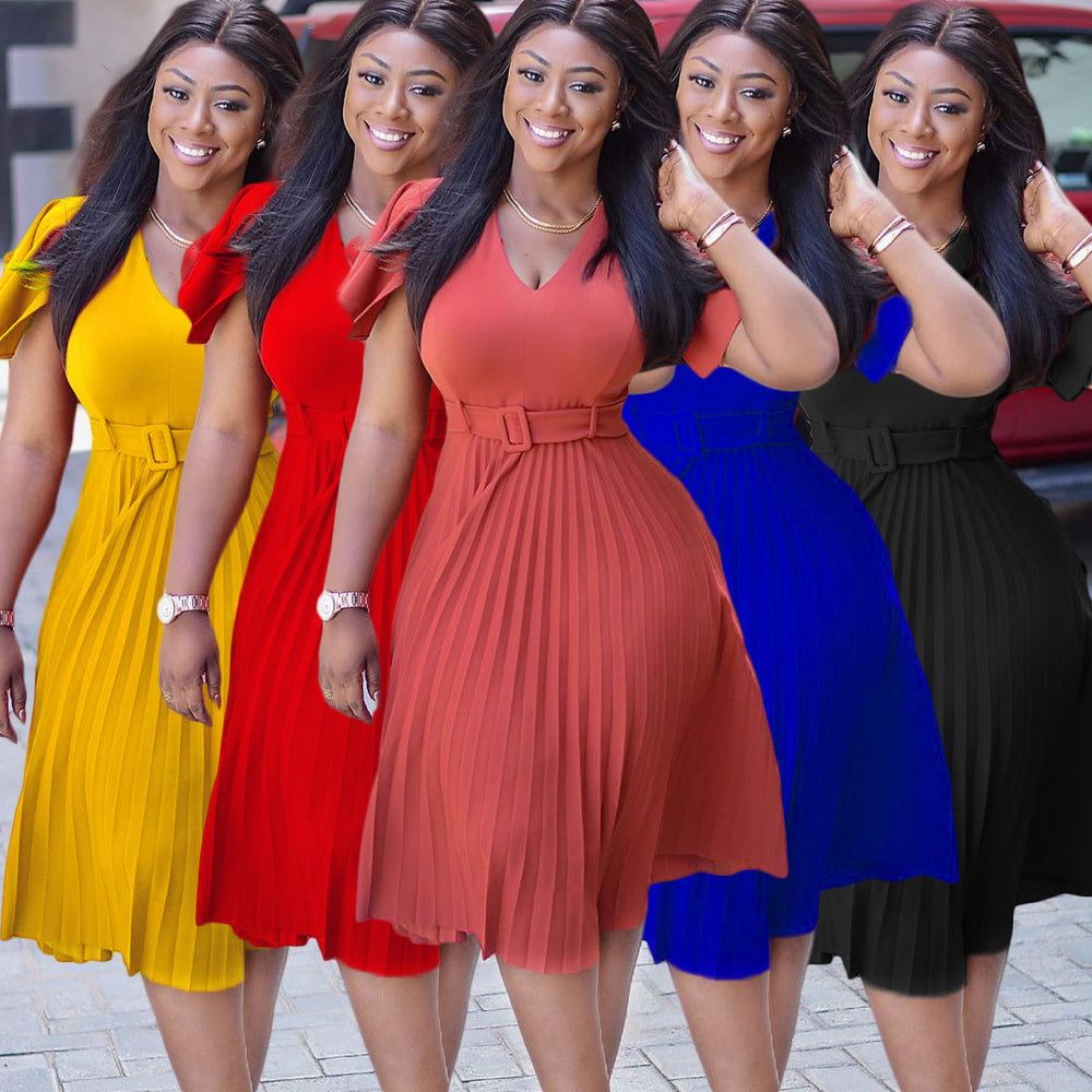 Q016m european and american african women's foreign trade dress sexy v neck flying sleeves medium long plus sizepleated skirt summer