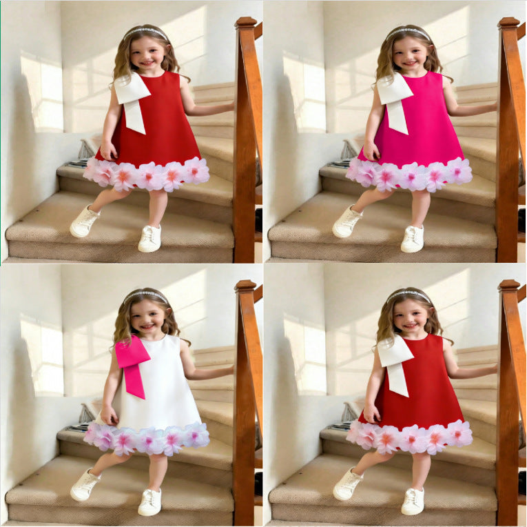 girls' solid color sleeveless party dress with 3d floral hem and bow detail