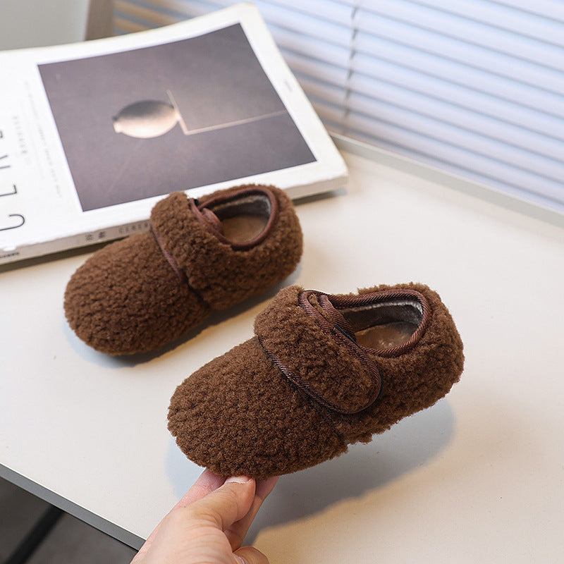 Vancahao girls' fall/winter fleece-lined lambswool outdoor cotton shoes,  new korean style cute fluffy shoes for kids