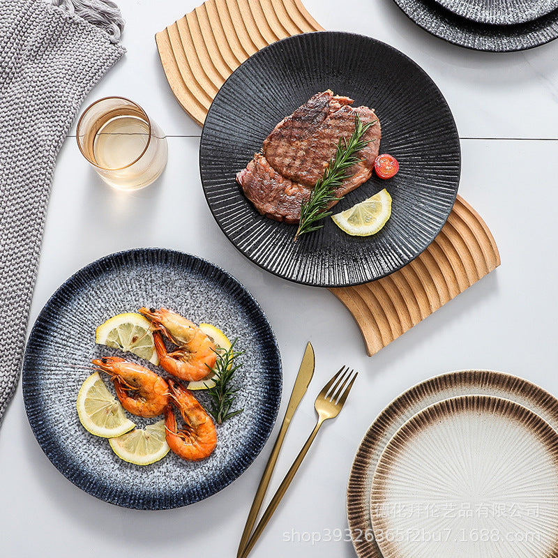 Japanese ceramic striped plate - creative steak plate, pasta plate, retro sushi plate - restaurant commercial serving plate - wholesale