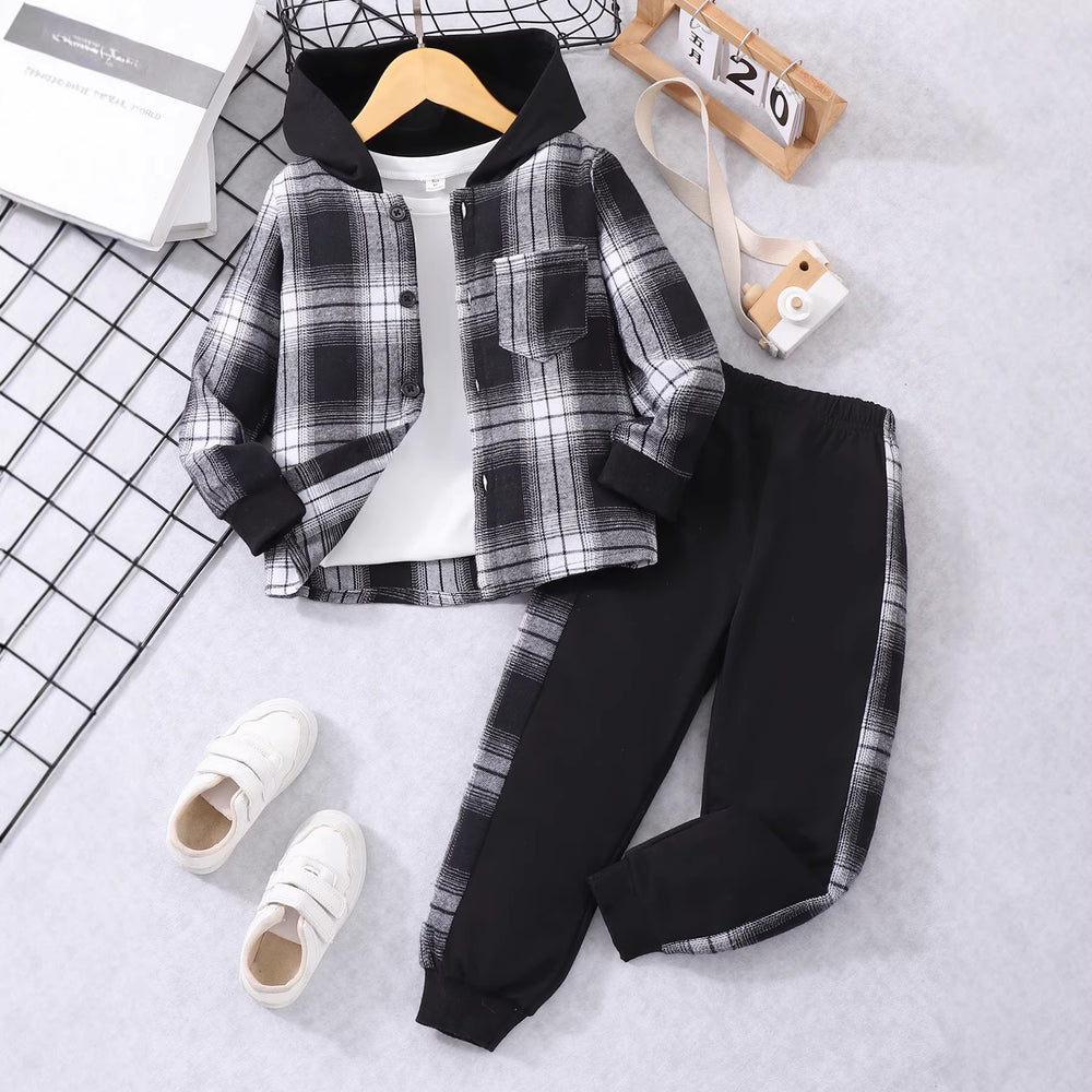 exclusive hot-selling children's autumn and winter new long-sleeved plaid color-block hooded two-piece set (top + pants)