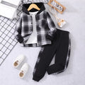 exclusive hot-selling children's autumn and winter new long-sleeved plaid color-block hooded two-piece set (top + pants)