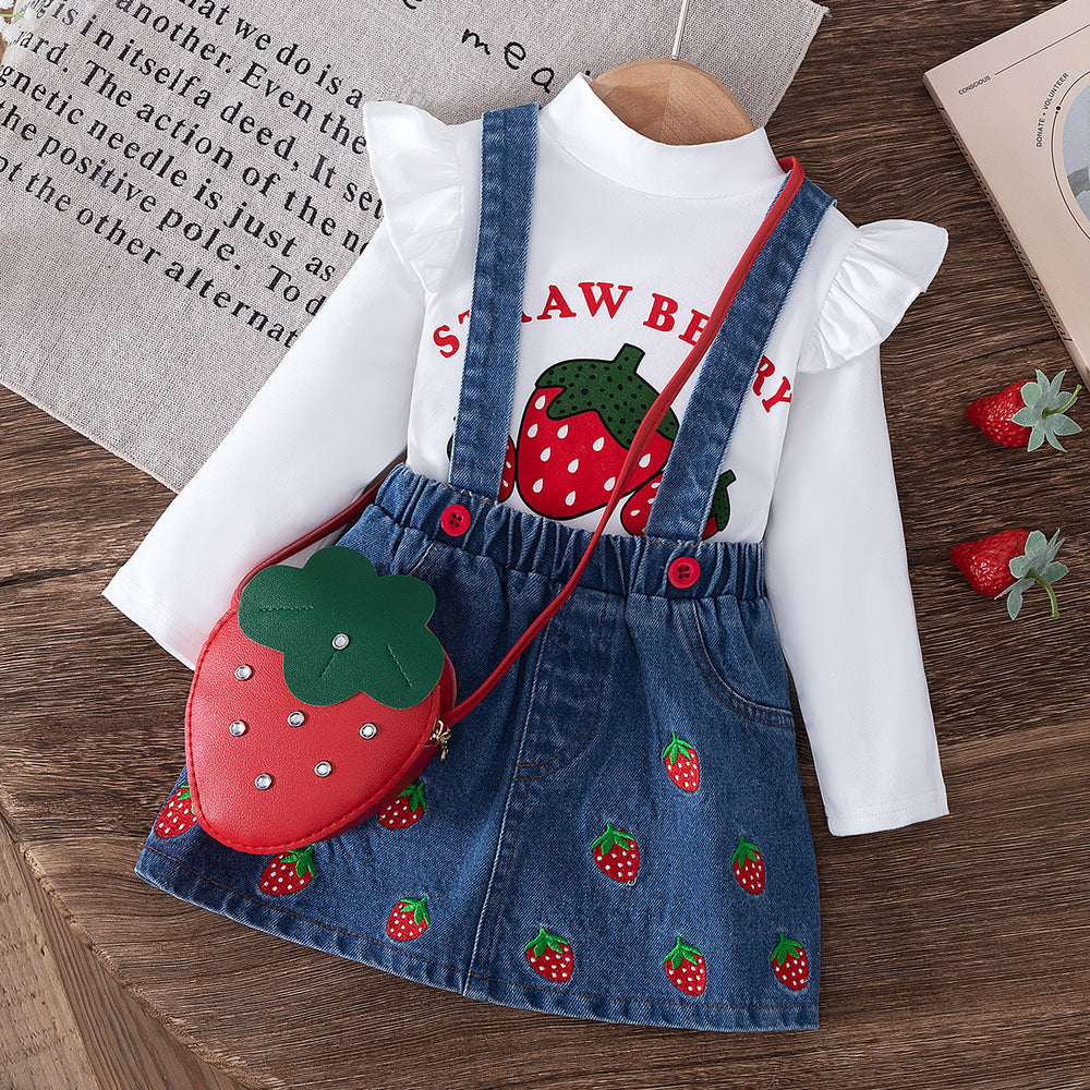 new autumn cross-border baby & toddler flutter sleeve printed top + embroidered denim suspender skirt with bag 3-piece set