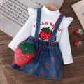 new autumn cross-border baby & toddler flutter sleeve printed top + embroidered denim suspender skirt with bag 3-piece set