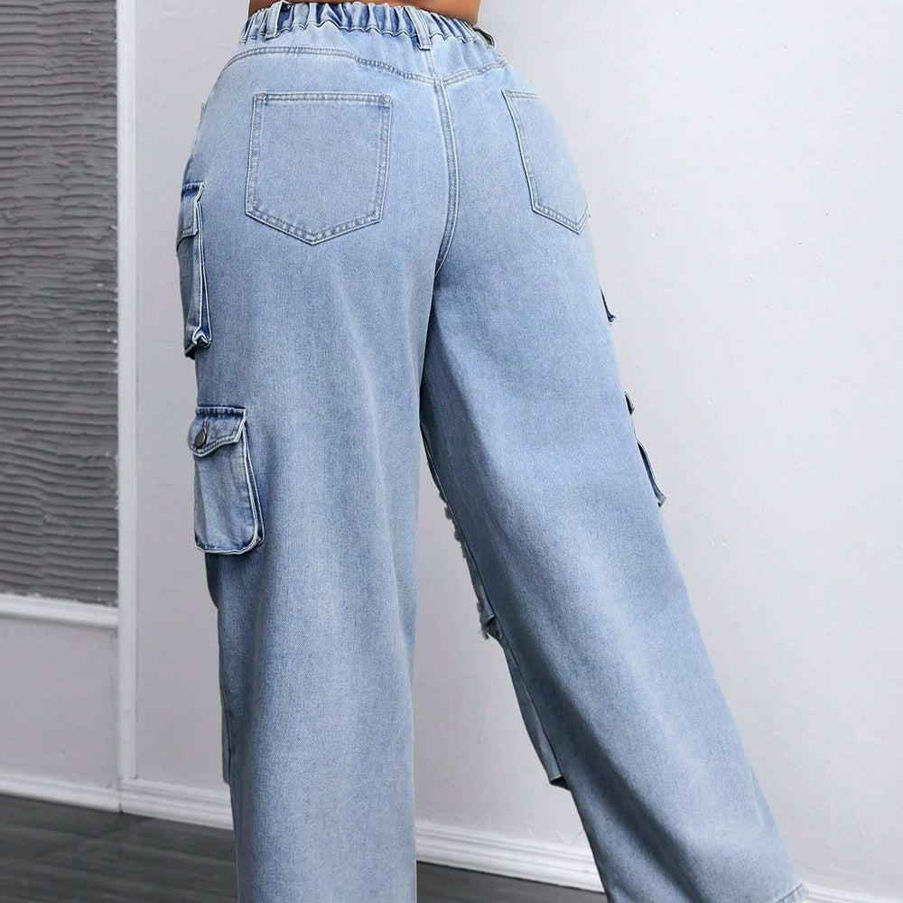 Amazon  fashionplus size women's casual loose workwear pants american high street multi-flap pocket pants jeans