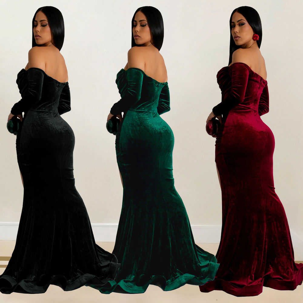 C7157 cross-border   fashion women's solid color slit evening dress low-cut dress new