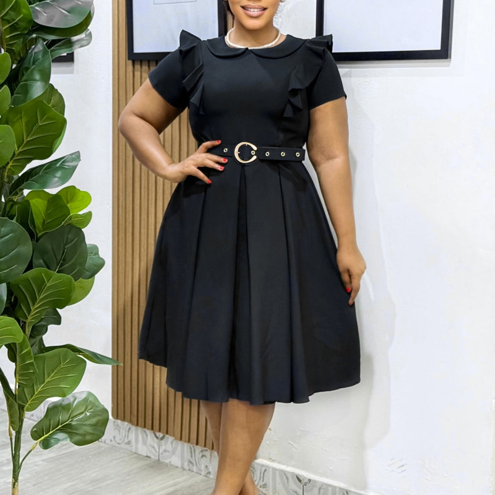 D583export women's clothing  short-sleeved doll collar pure color short-sleeved ruffles high waist large hem fashion dress