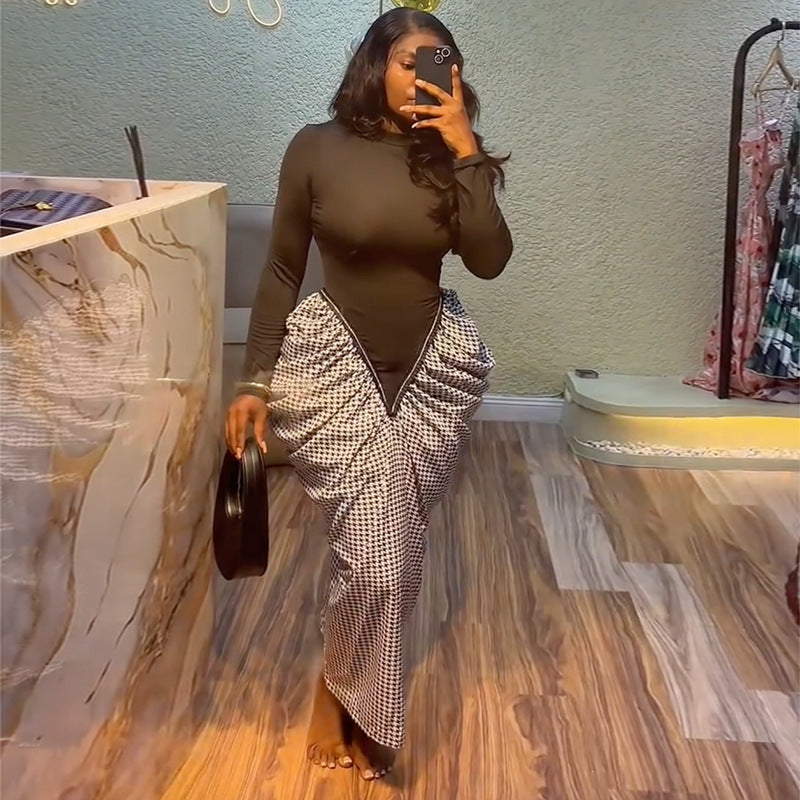 European and american cross-border women's fashion:  spring new arrival - elegant round neck, slim-fit, panelled, pleated, bodycon maxi dress
