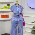 European and american cross-border women's fashion:  autumn new collection - stylish turn-down collar striped short-sleeve shirt and wide-leg pants casual set