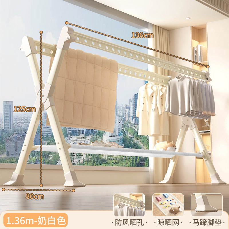 Foldable clothes drying rack - floor standing, indoor/outdoor use - aluminum alloy, extendable rod, perfect for balconies, bedrooms, and outdoor use - quilt drying solution