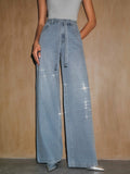 Fashionjeans women's full-width hot diamond with the same material belt light blue washed high waist wide-leg mop denim pants
