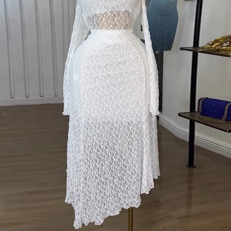 European and american cross-border women's fashion  autumn new arrival: elegant one-shoulder long sleeve hollow-out lace top and midi skirt set