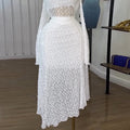 European and american cross-border women's fashion  autumn new arrival: elegant one-shoulder long sleeve hollow-out lace top and midi skirt set