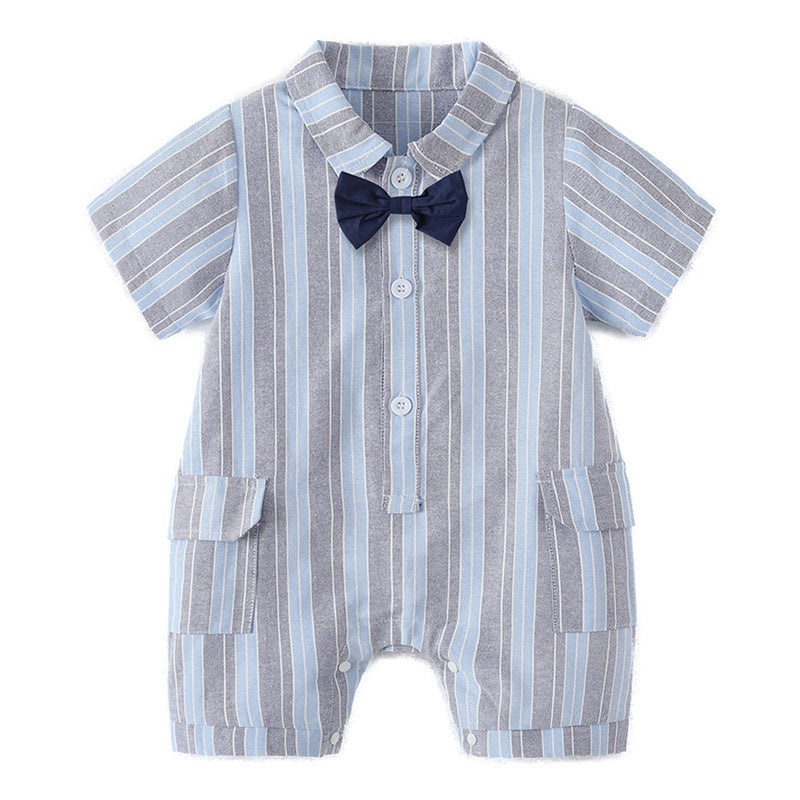 Baby summer outfit: lightweight newborn boy romper - short sleeve striped oxford style - first birthday super cute onesie