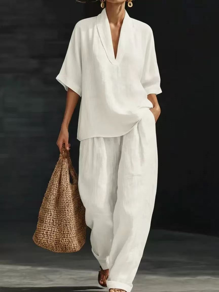 cross-border spring women's casual comfort linen two-piece set