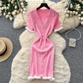French gentle style v neck fungus edge knittingdress k-style short sleeve women's metal button slimming lookpetites short skirt