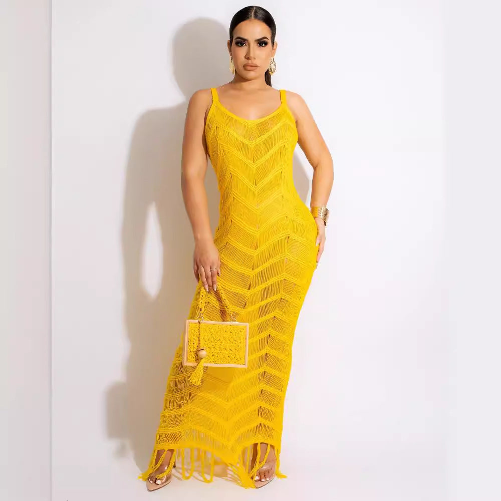 summer new women's long dress sexy knit cami tassel beach dress -  bestseller