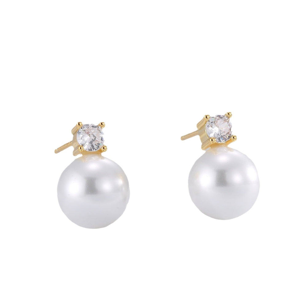 Copper plated real gold earrings for women four prongs single diamond sweet pearl hong kong style small elegant earrings accessible luxuryniche style earrings