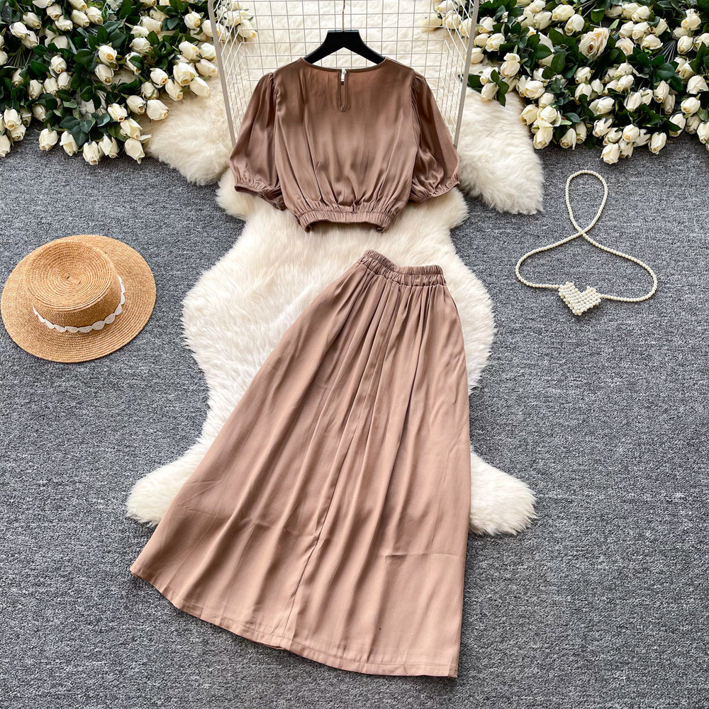 K-stylework clothing style lantern sleeve shirt high waist skirt women's summernew arrival waist slimming looktwo-piece set light mature style