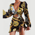2025 new arrival: european & american style women's ruffle-trimmed leopard print long sleeve bodycon sexy drawstring dress