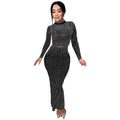 C7093 cross-border   fashion women's hot diamond slimming bag arm long sleeves two-piece skirt new