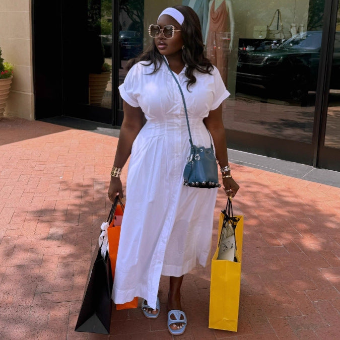 European and American large size solid color lapel short-sleeved cardigan dress women's African high waist temperament thin fashion women's dress