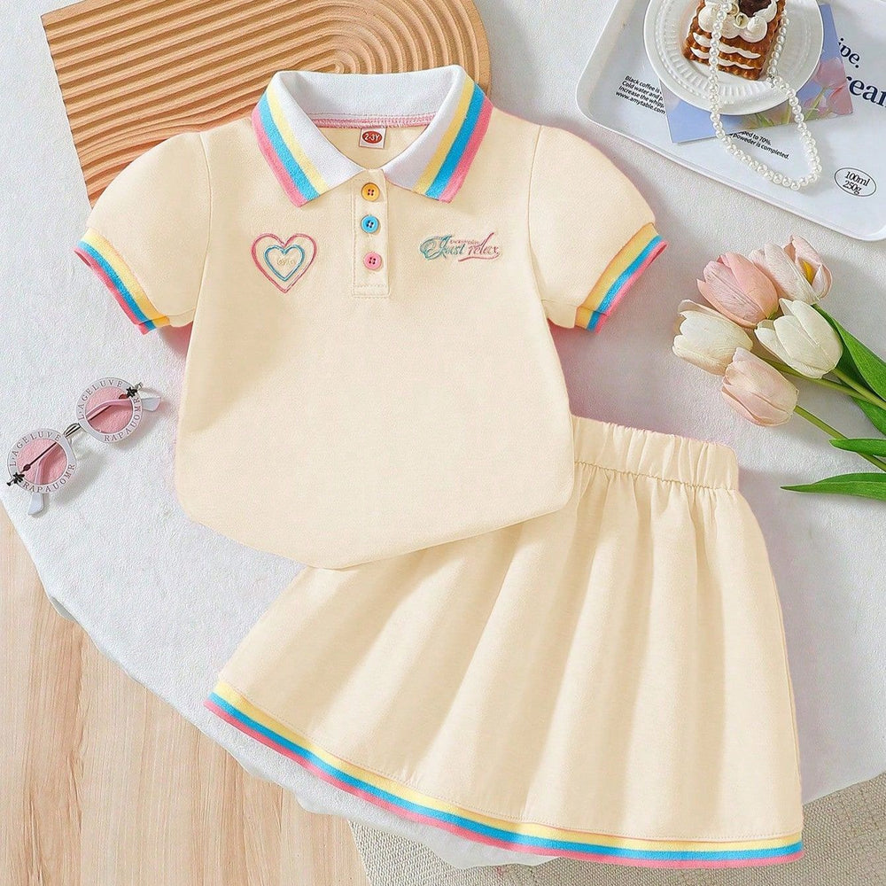 summer new arrival: girls' cute embroidered rainbow stripe collar polo dress two-piece outfit