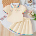 summer new arrival: girls' cute embroidered rainbow stripe collar polo dress two-piece outfit