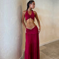 spring new arrivals: european and american style sexy cutout pleated halter top and fashionable elegant midi skirt set for women