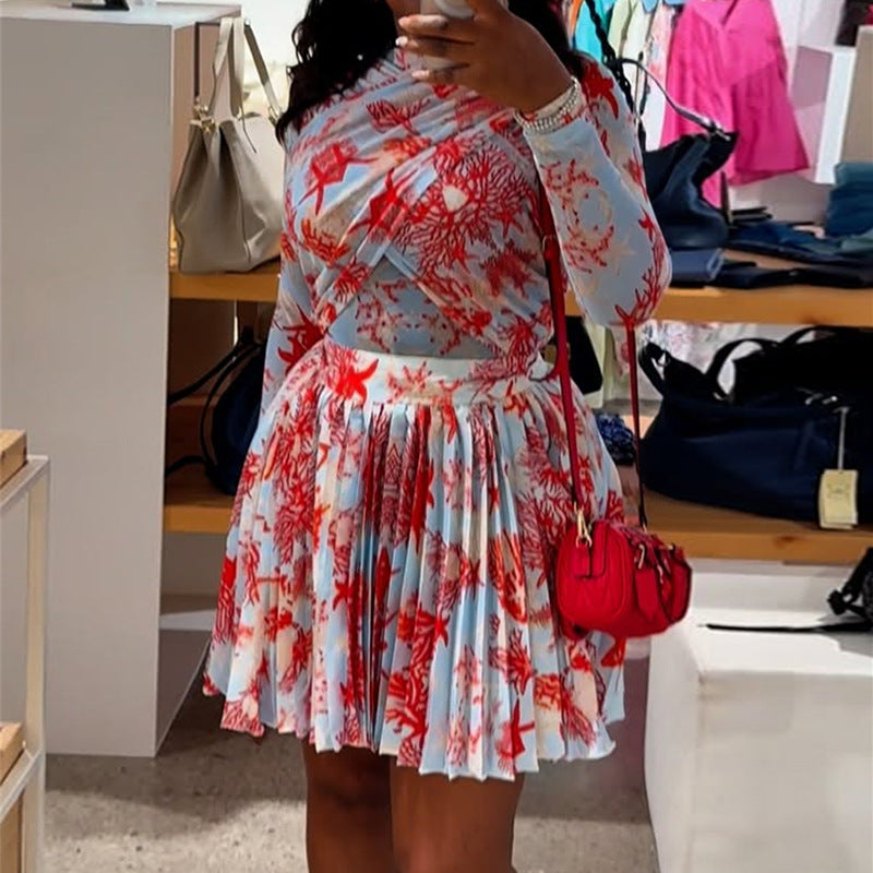 European and american cross-border women's fashion:  summer new arrival - designer slim-fit printed long-sleeve top and pleated midi skirt set