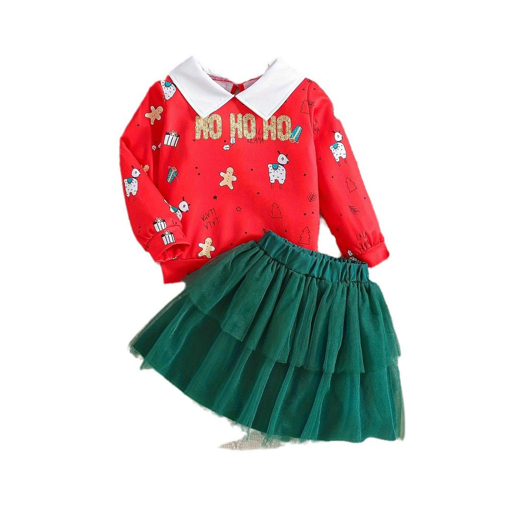 kidssuit red lapel sweatshirt cartoon printing two-layer gauze cake skirt festival girl skirt two pieces