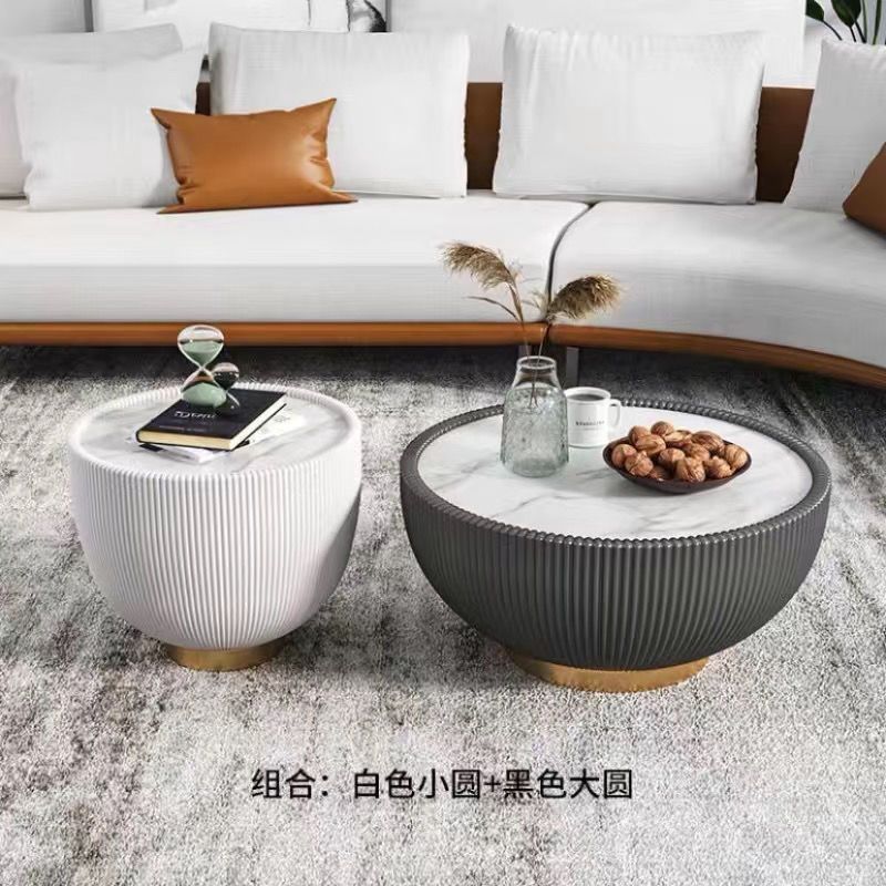 Nordic light luxury coffee table modern living room table small apartment size combination round rock slab leather creative bowl coffee table