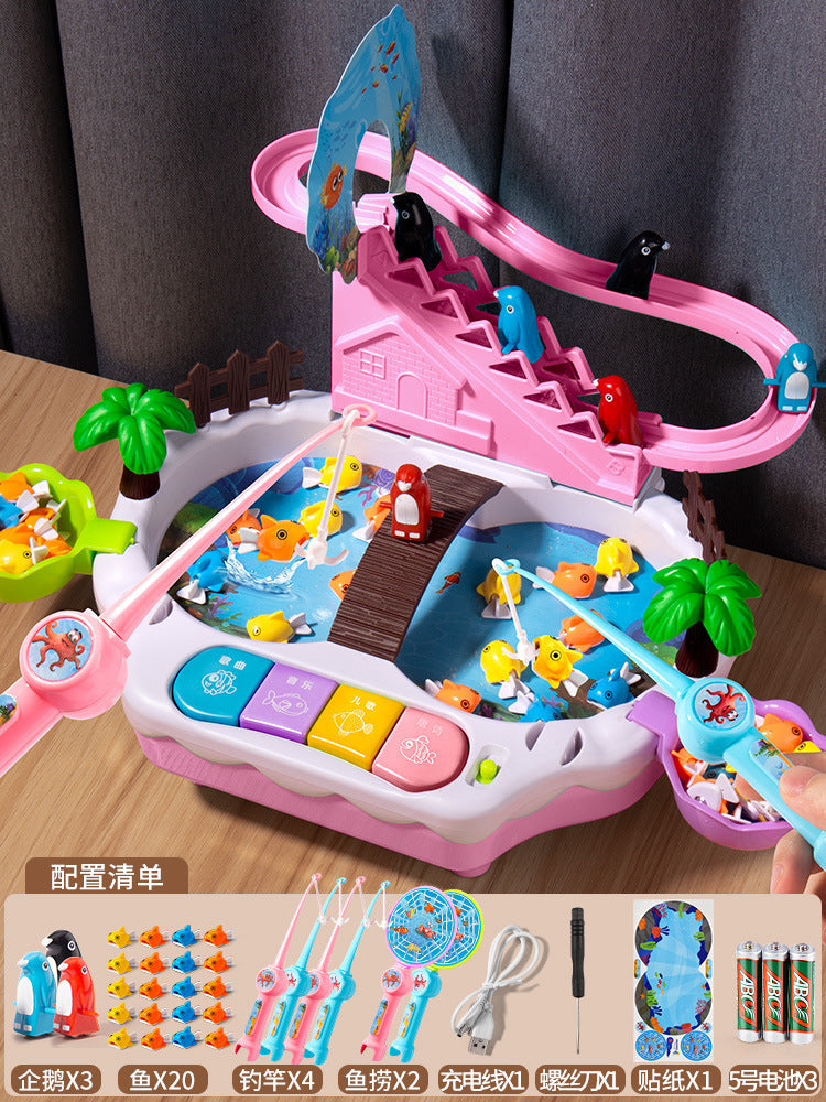 Magnetic levitation track electric fishing children's early education puzzle can add water sliding music fishing table toys boys and girls