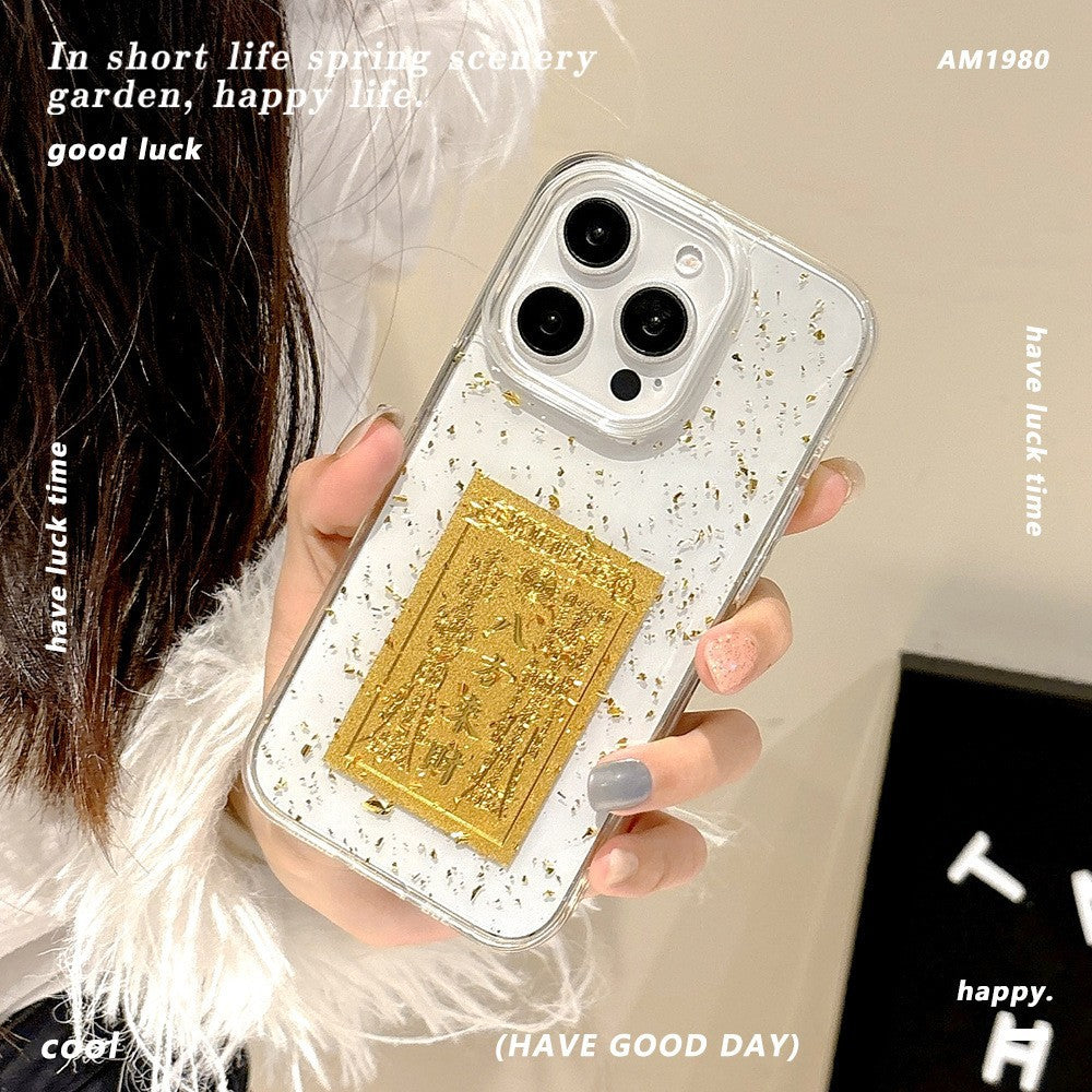 Suitable for apple 16pro transparent glue gold foil text mobile phone case iphone13/15 acrylic protective cover 12